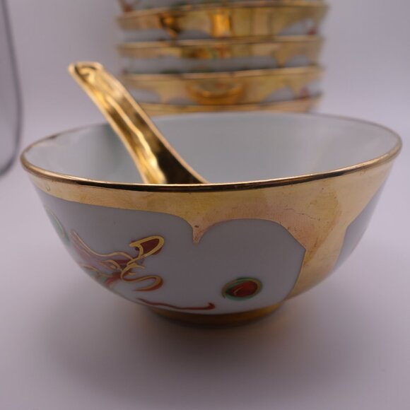 Set of Seven(7) Dragon Gold Color Soup Bowls & Spoons Made in Hong Kong - Picture 4 of 16